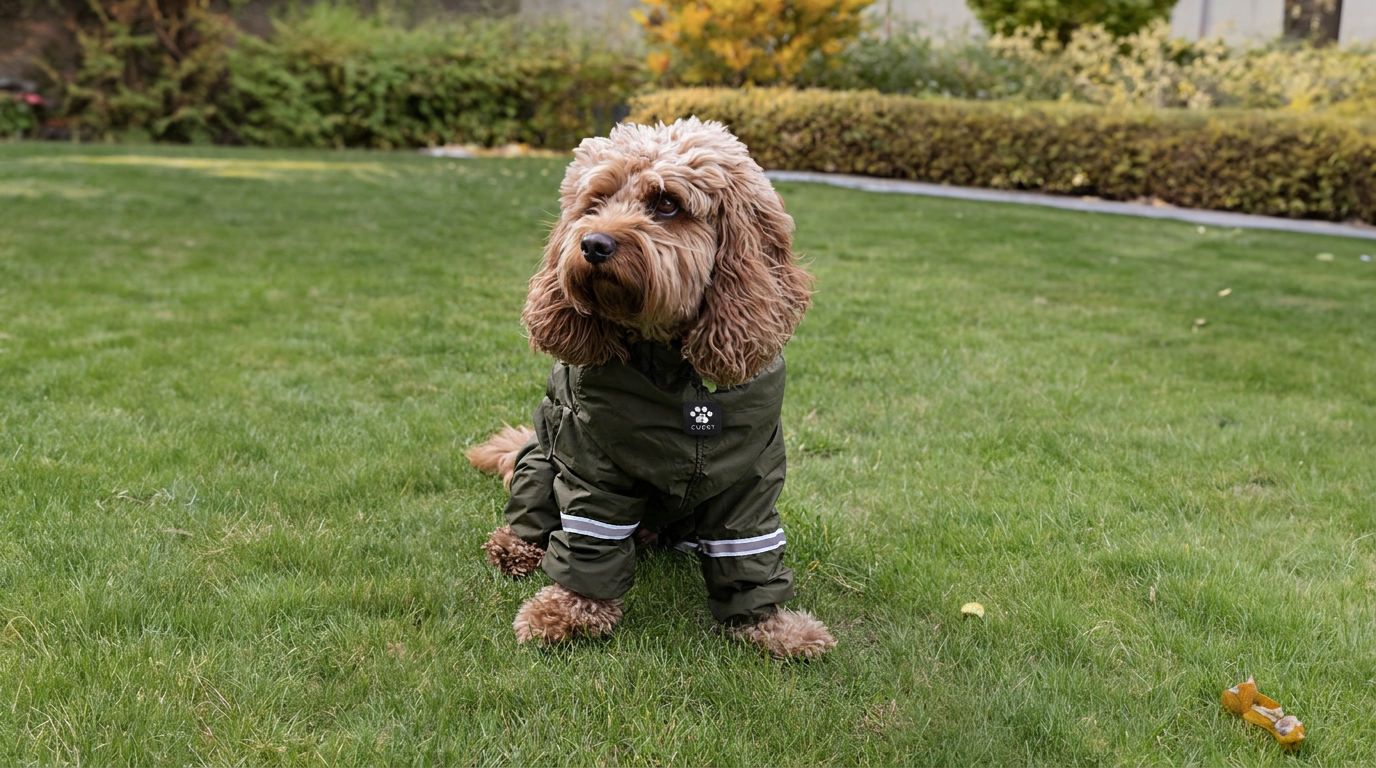 Cockapoo in the olive green mud suit on a garden lawn
